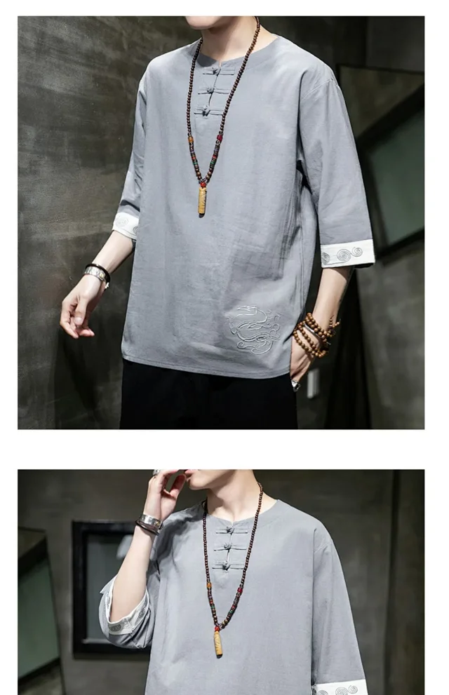 New Chinese Men's Linen 3/4 Tee Detail