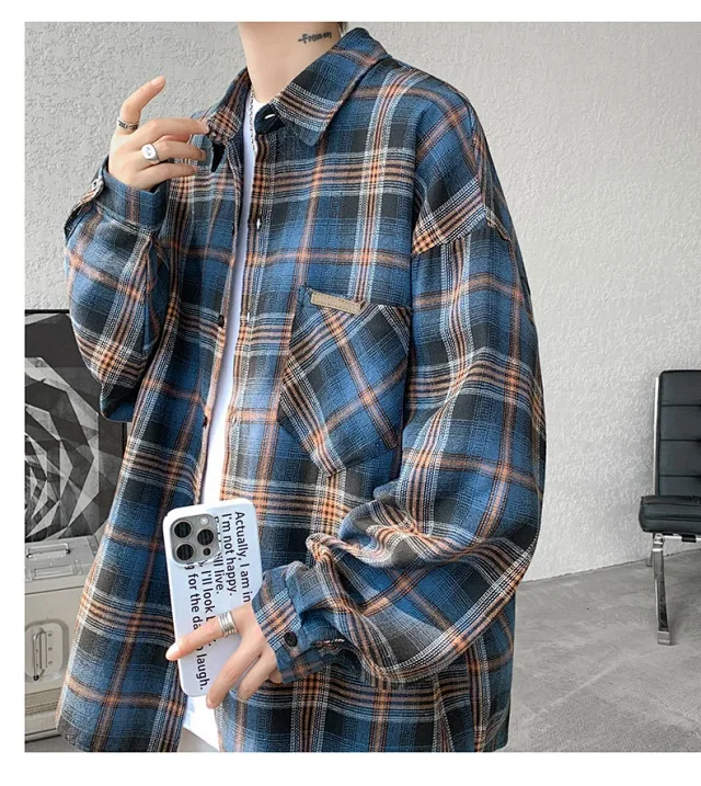 Men's Japanese Brushed Plaid Warm Shirt Jacket Detail