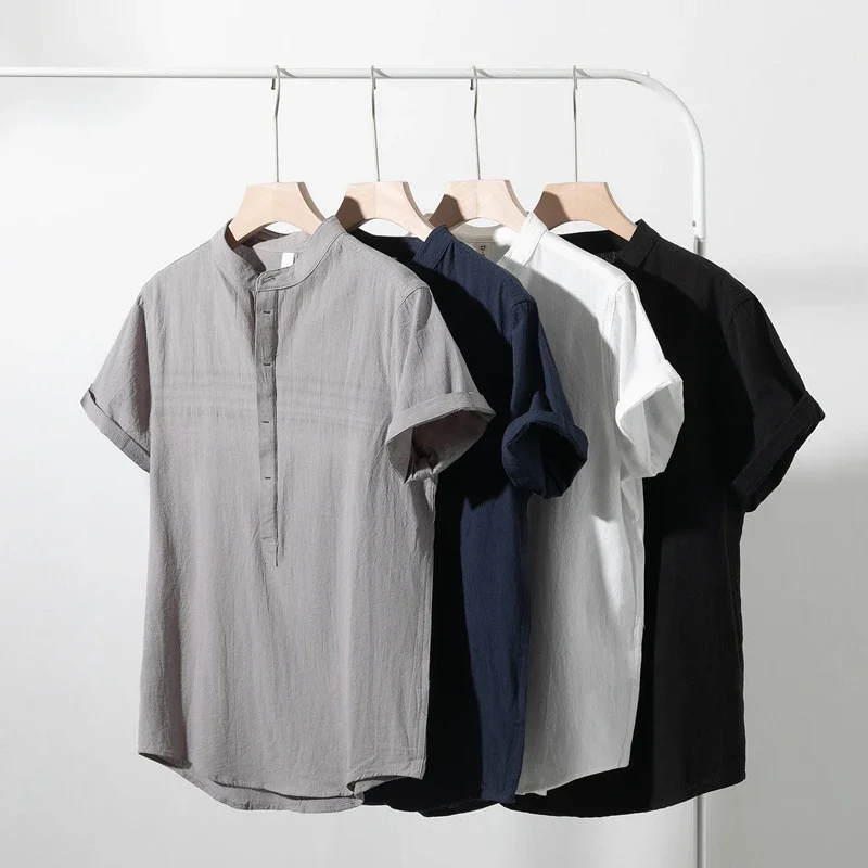 Men's Summer Cotton-Linen Retro Stand-Collar T-Shirt