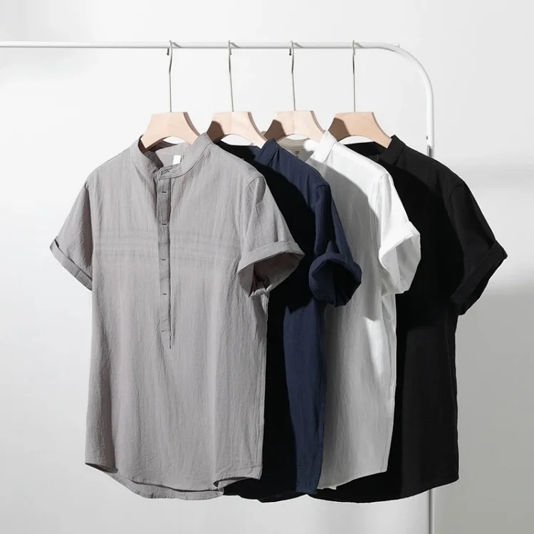 Men's Summer Cotton-Linen Retro Stand-Collar T-Shirt