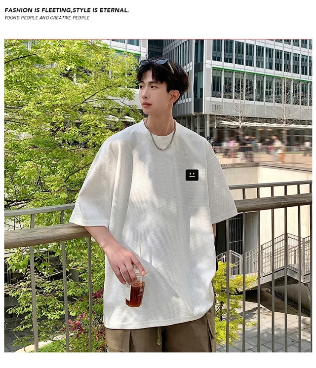 Smile Embroidered Men's Summer Waffle Tee Detail