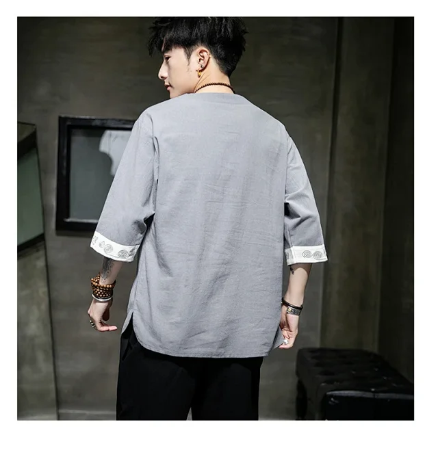 New Chinese Men's Linen 3/4 Tee Detail