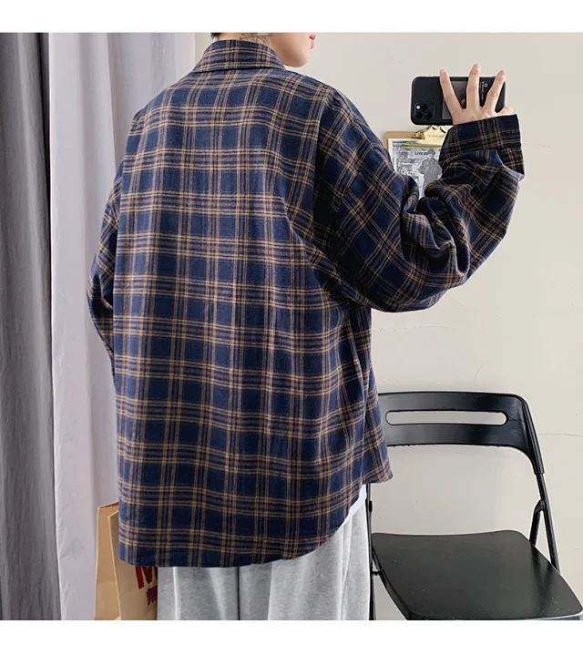 Men's Casual Retro Brushed Plaid Overshirt Detail