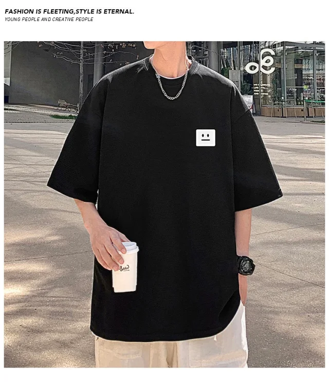Smile Embroidered Men's Summer Waffle Tee Detail