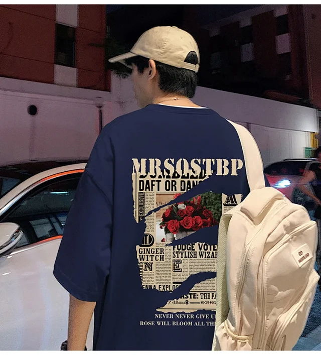 Men's Oversized Cotton Tee 2025 Rose-Print Detail