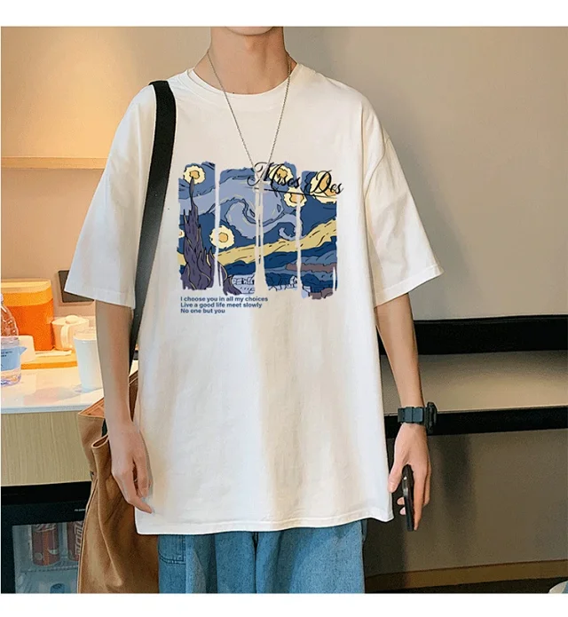 Starry Night Men's Loose Cotton T-Shirt Detail