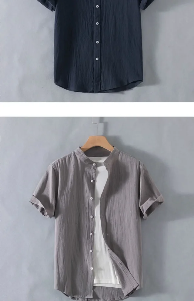 Men's Summer Cotton-Linen Retro Stand-Collar T-Shirt Detail
