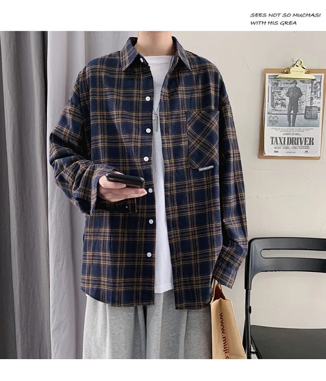 Men's Casual Retro Brushed Plaid Overshirt Detail