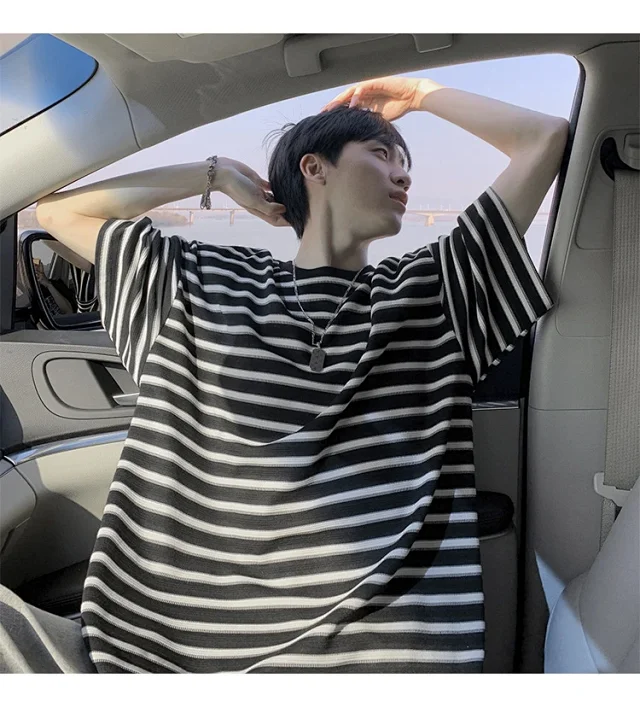 Premium Men's Black White Striped Tee Detail