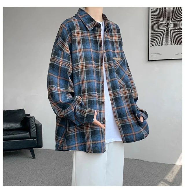 Men's Japanese Brushed Plaid Warm Shirt Jacket Detail