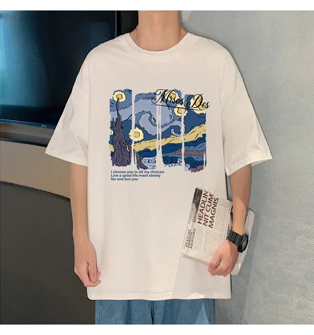 Starry Night Men's Loose Cotton T-Shirt Detail