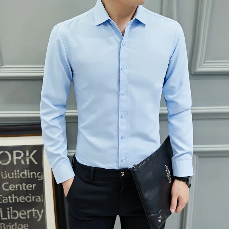 Men's Slim-Fit Long-Sleeve Korean White Shirt