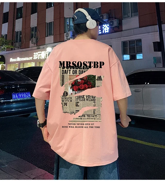 Men's Oversized Cotton Tee 2025 Rose-Print Detail
