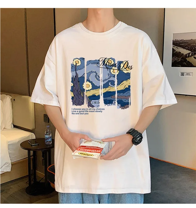 Starry Night Men's Loose Cotton T-Shirt Detail