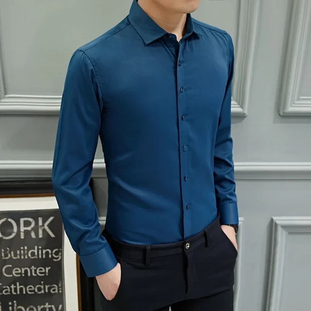 Men's Slim-Fit Long-Sleeve Korean White Shirt Detail