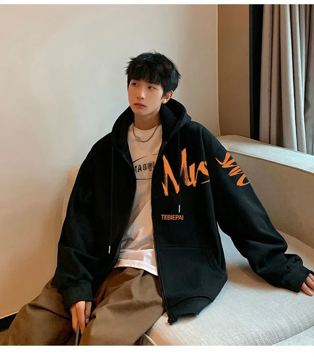Men's Casual Zip Hoodie Letter Print Detail