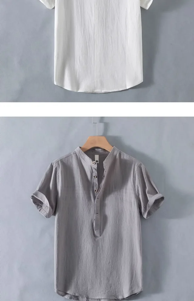 Men's Summer Cotton-Linen Retro Stand-Collar T-Shirt Detail
