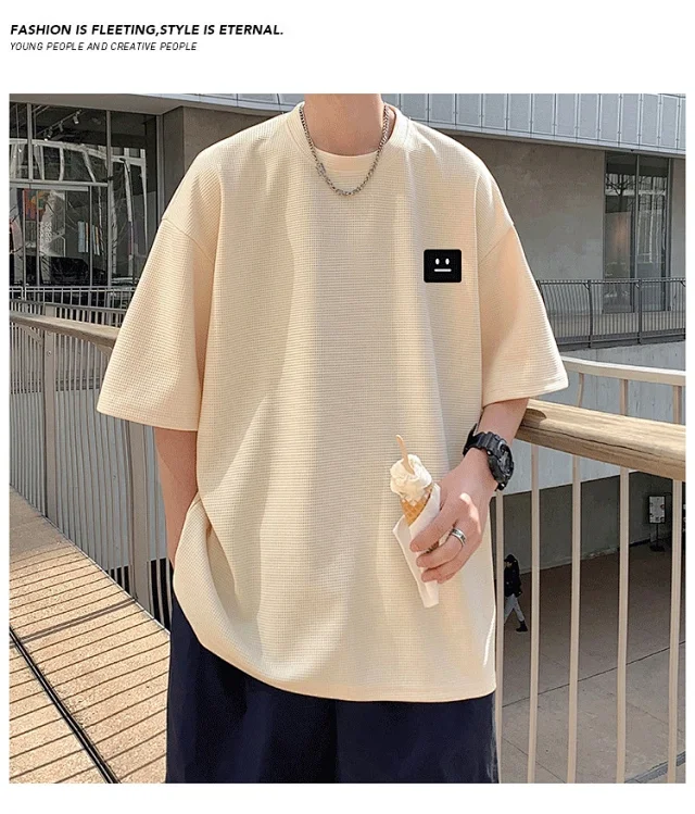 Smile Embroidered Men's Summer Waffle Tee Detail