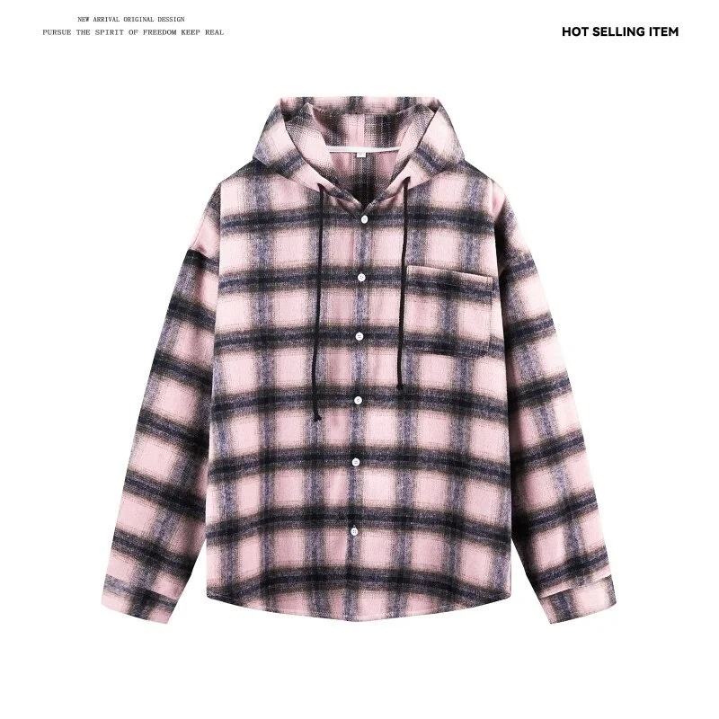 Men's Cyber Plaid Hooded Shirt Loose Unisex