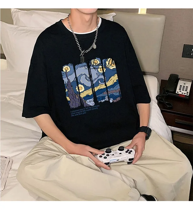 Starry Night Men's Loose Cotton T-Shirt Detail