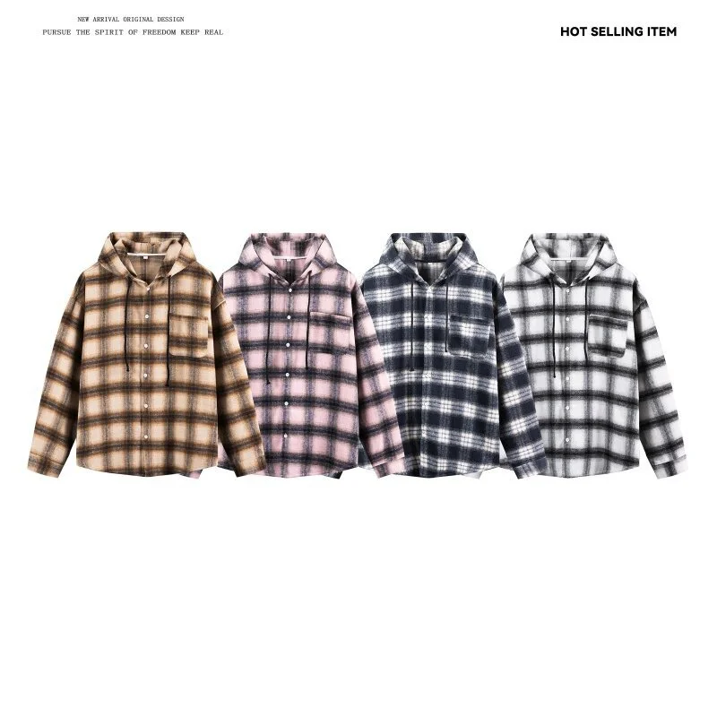 Men's Cyber Plaid Hooded Shirt Loose Unisex