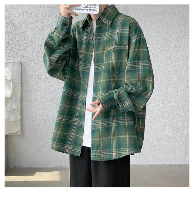Men's Japanese Brushed Plaid Warm Shirt Jacket Detail