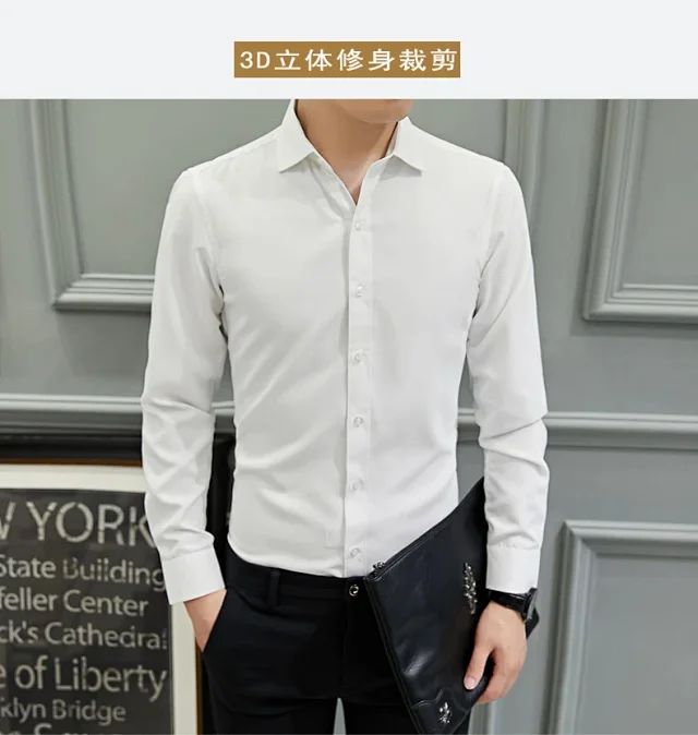 Men's Slim-Fit Long-Sleeve Korean White Shirt Detail