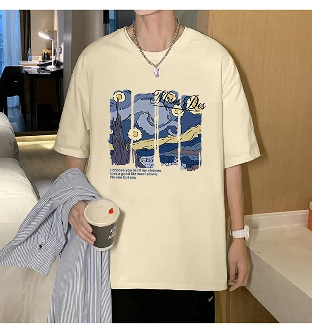 Starry Night Men's Loose Cotton T-Shirt Detail