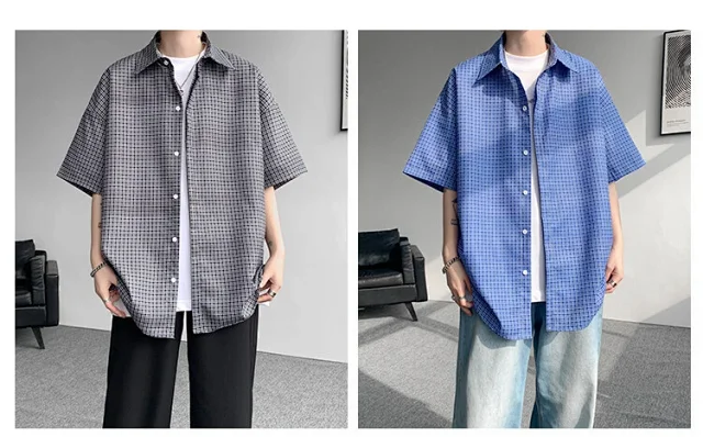 M-8XL Blue Plaid Short-Sleeve Shirt for Men Detail
