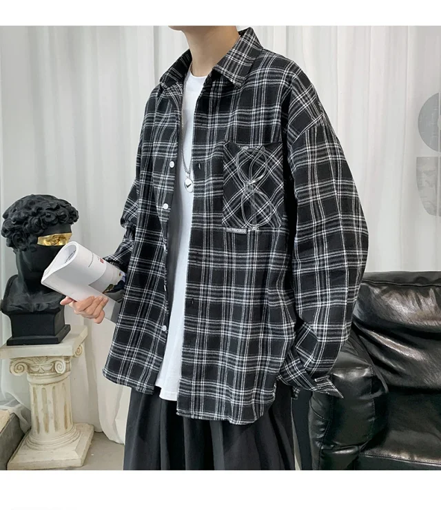 Men's Casual Retro Brushed Plaid Overshirt Detail