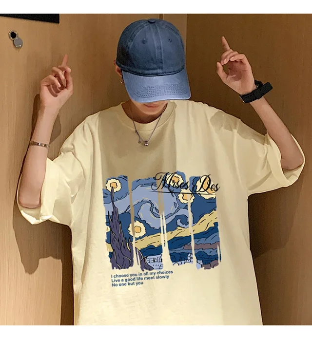 Starry Night Men's Loose Cotton T-Shirt Detail