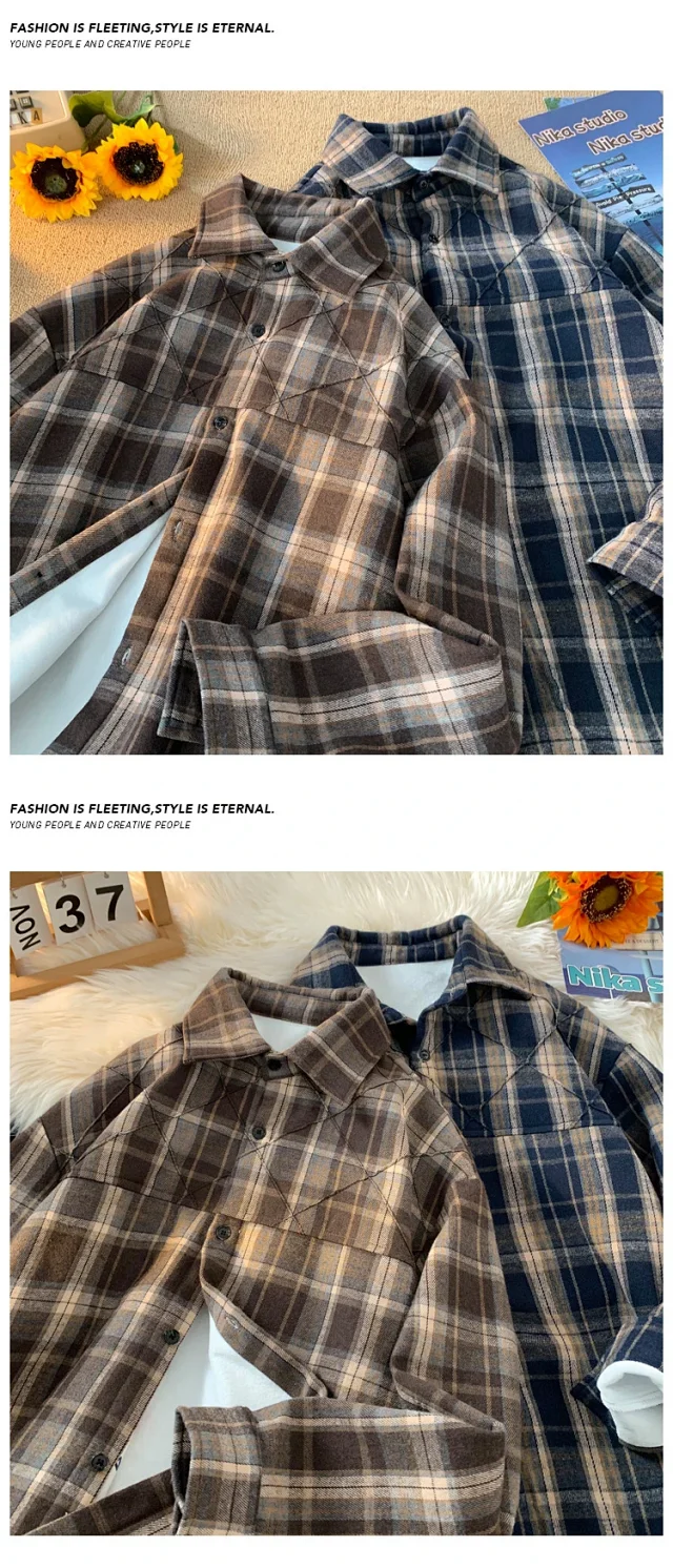 Men's Winter Fleece Retro Plaid Overshirt Detail