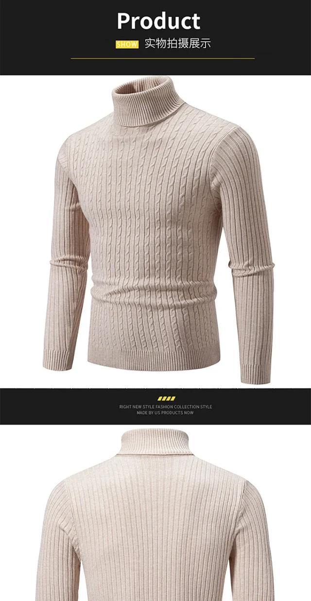 Men's Retro Solid Turtleneck Slim Sweater Detail