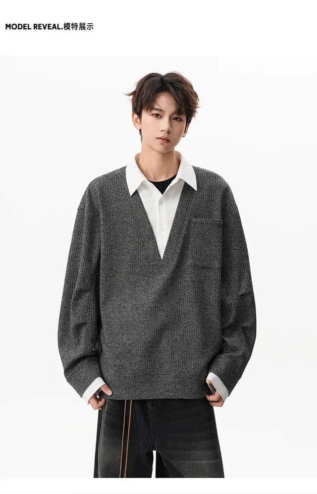 Men's Relaxed Shirt Collar Layered Sweater Detail