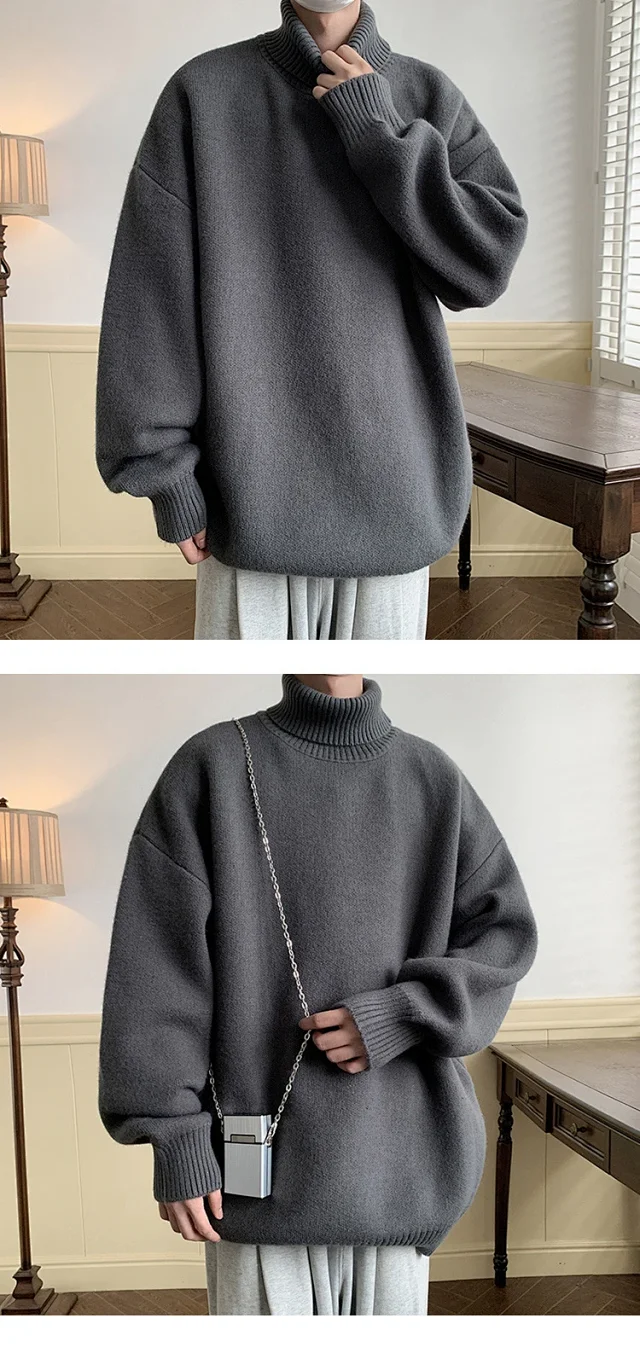 Men's Grey High-Neck Relaxed Sweater Detail