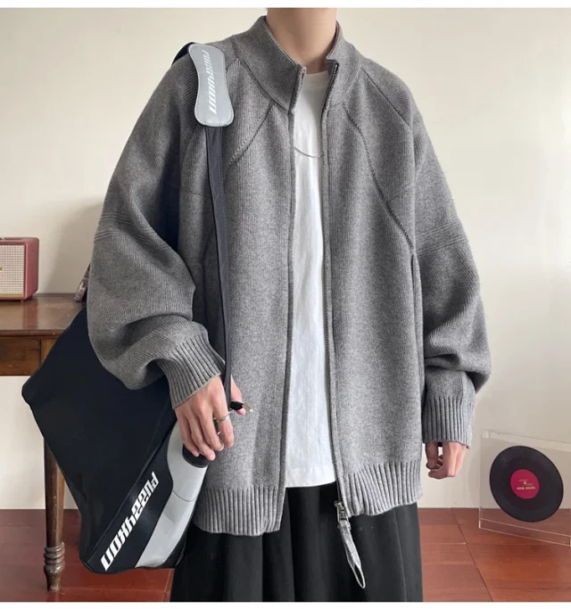 Men's Japanese Loose Zip Knit Cardigan Detail