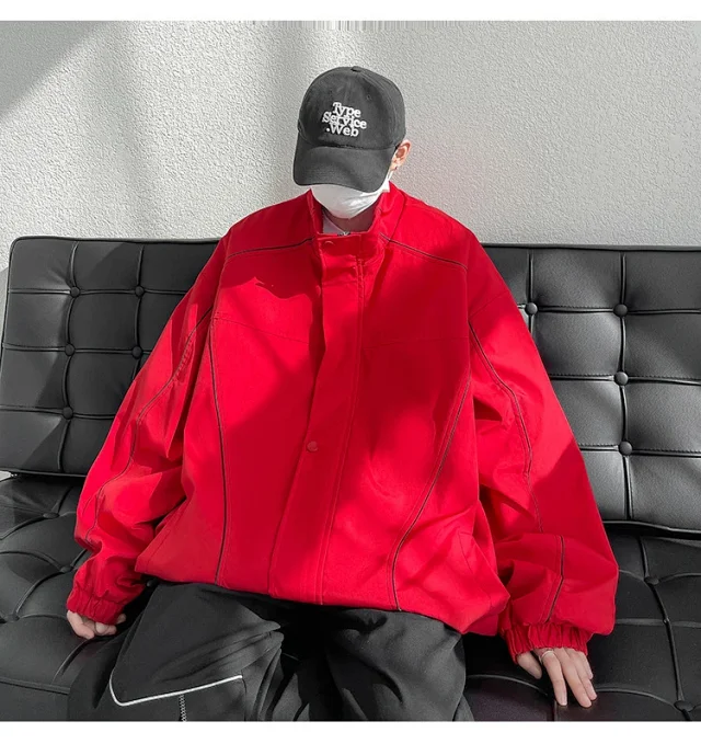 Men's Burgundy Hip-Hop Hooded Bomber Jacket Detail