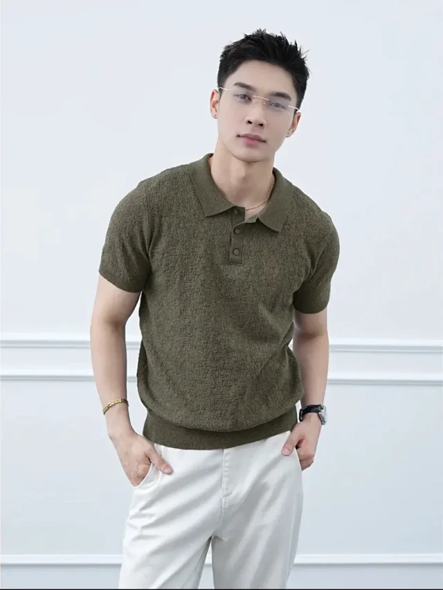 Men's Textured Knit Polo Summer Brown Detail