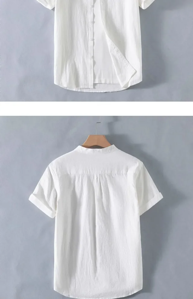 Men's Summer Cotton-Linen Retro Stand-Collar T-Shirt Detail
