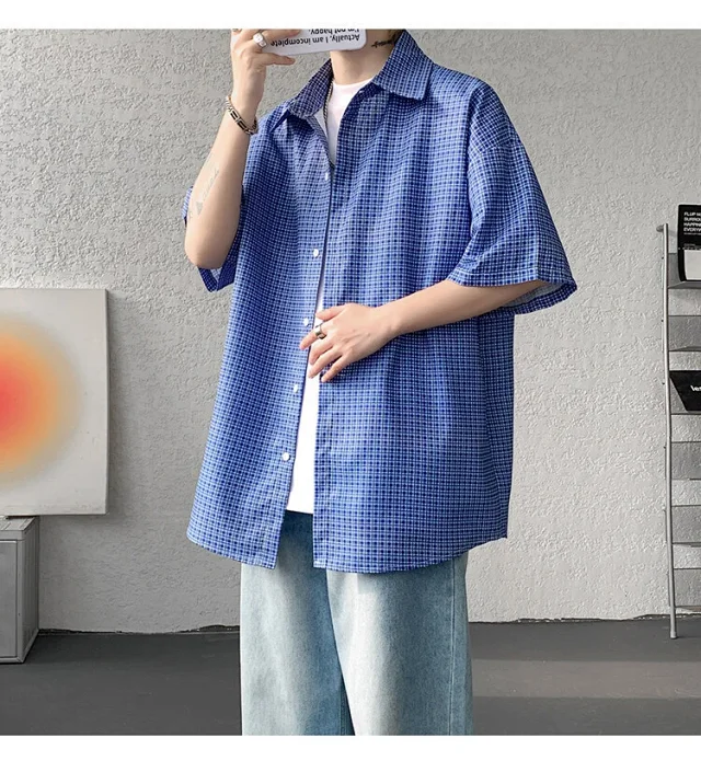 M-8XL Blue Plaid Short-Sleeve Shirt for Men Detail