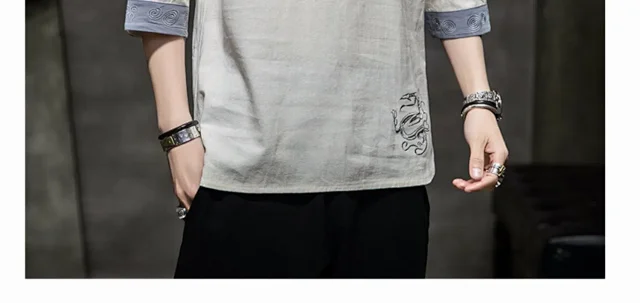 New Chinese Men's Linen 3/4 Tee Detail