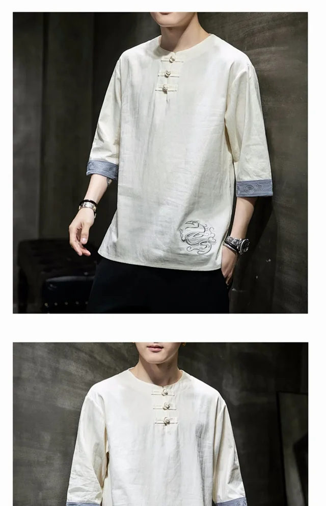 New Chinese Men's Linen 3/4 Tee Detail