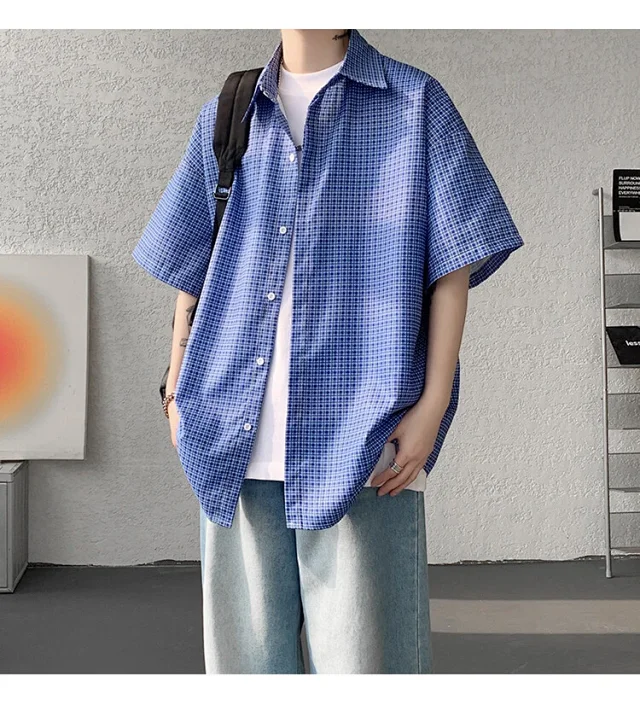 M-8XL Blue Plaid Short-Sleeve Shirt for Men Detail