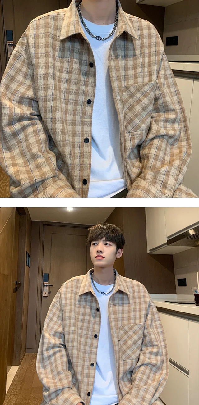 Japanese-Style Men's Cotton Oversize Plaid Shirt Detail