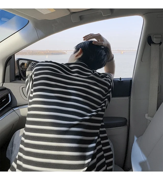 Premium Men's Black White Striped Tee Detail