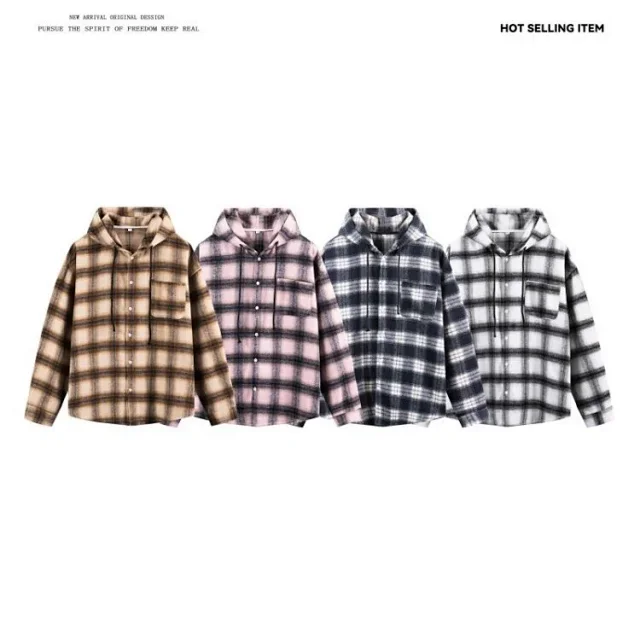 Men's Cyber Plaid Hooded Shirt Loose Unisex Detail