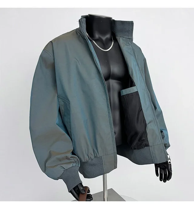 Men's Iridescent Satin Cropped Mandarin-Collar Jacket Detail