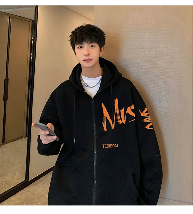 Men's Casual Zip Hoodie Letter Print Detail