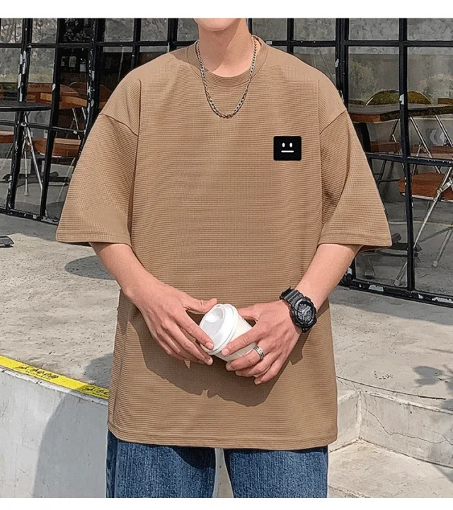 Smile Embroidered Men's Summer Waffle Tee Detail