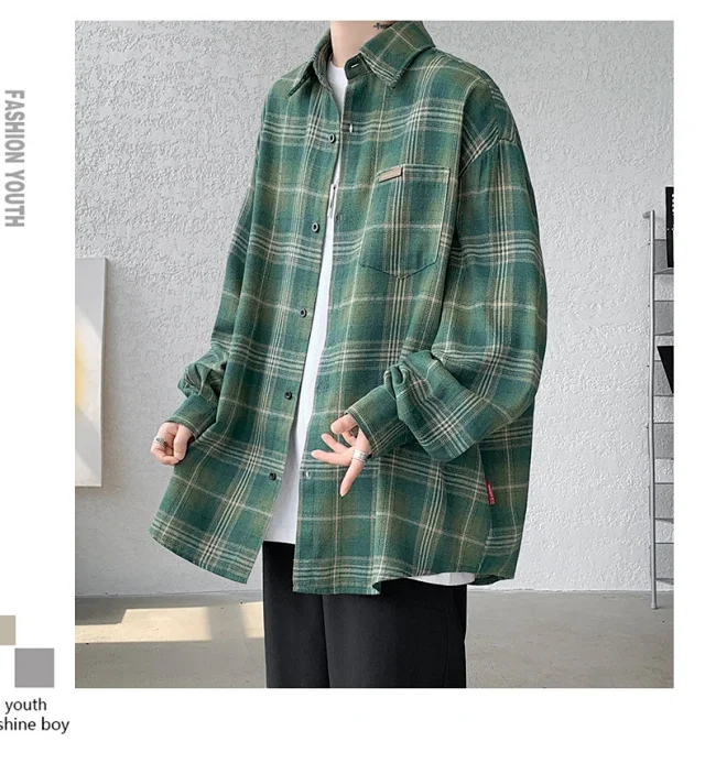 Men's Japanese Brushed Plaid Warm Shirt Jacket Detail